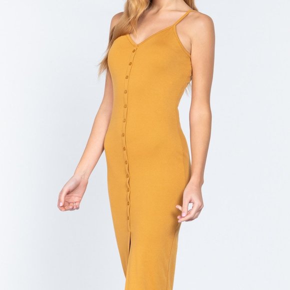 Women's Ocher Fron Button Slit Rib Cami Midi Dress For Valentine Size-S NWT - Picture 2 of 4